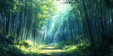 Fototapeta premium Serene Bamboo Forest with Sunlight Filtering Through the Leaves for a Mystical and Tranquil Ambiance