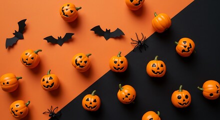 Naklejka premium Jack-o'-lanterns & Bat Cutouts - Festive Halloween Arrangement - Seasonal Greetings Card