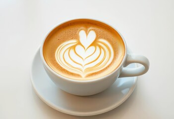 Creamy cappuccino with intricate latte art in a pristine white cup and saucer, delicious, white background