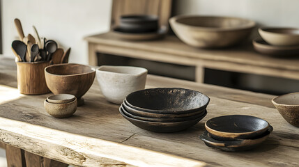 Rustic countryside aesthetic wooden kitchenware display home interior cozy environment overhead view vintage charm