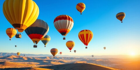 Obraz premium A breathtaking sunrise illuminates a vibrant array of hot air balloons gracefully soaring above a sun-kissed landscape