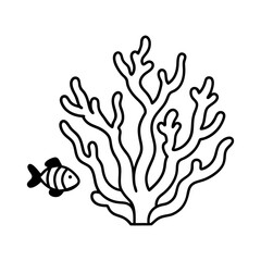 Obraz premium Coral reef with small fish line art illustration 