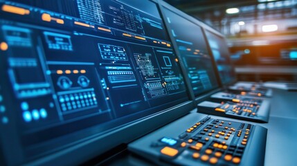 Fototapeta premium Futuristic Control Room: High-Tech Interface and Monitoring System