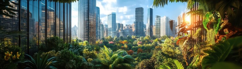 Obraz premium Urban Jungle with Lush Greenery and Modern City Buildings