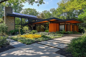 Fototapeta premium Modern energy-efficient home with solar panels, sustainable landscaping, and desert-adapted garden design
