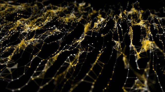 Abstract field of wavy grid chaotically connecting points in dark. Data, connected and changing concept.