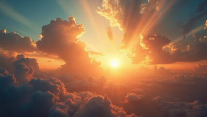 Majestic sunset, Dramatic sky, Golden clouds, Sun rays piercing through clouds