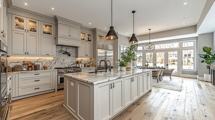 Fototapeta premium Modern kitchen design with elegant cabinetry, marble countertops, and bright natural light in open space