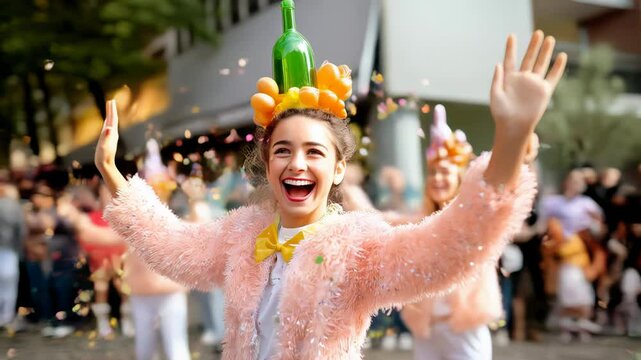 Joyful Celebration: Woman at Wine Festival Parade with Confetti and Festive Attire Smiling in Pink