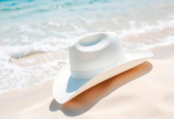 Elegant white hat atop vibrant beach sand and aqua waves, calm, beach