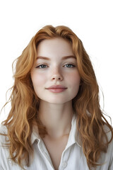 Confident young woman stands on a white background and looks directly into the camera / PNG
