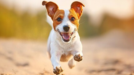 Joyful dog running on sandy beach at sunrise action-packed moment nature scene vibrant environment