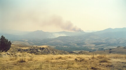 Smoky wildfire vista over hills