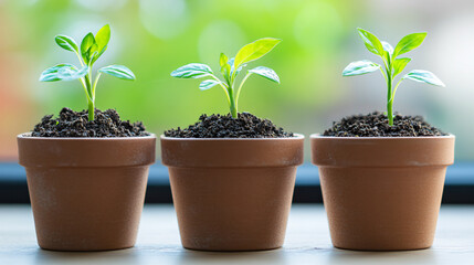 Three small potted plants with vibrant green leaves, sitting on a windowsill, surrounded by soft natural light.