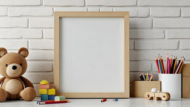 Adorable Kids Room Mockup with Wooden Frame, Teddy Bear and Colorful Pencils