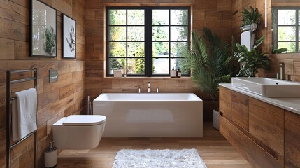 Modern and Stylish Bathroom with Wooden Walls, Plush Rugs, Plants, and Elegant Fixtures