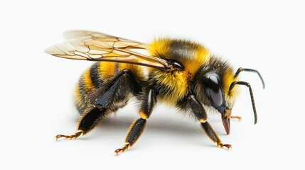 Close-up of a honeybee in profile view against white background. Use Stock photo