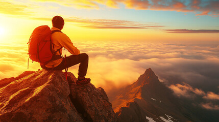 A hiker sits on a mountain peak, overlooking a breathtaking sunset above the clouds, capturing a moment of serenity and adventure.