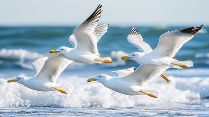 A group of seagulls gracefully flying over ocean waves, showcasing their white feathers against a blue seaside backdrop.