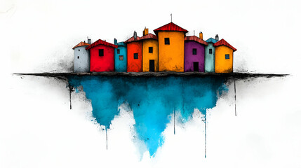 Colorful abstract houses with vibrant rooftops floating above a blue watercolor background showcasing creativity and imagination in urban design