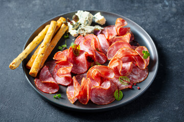 Cured meat, sausage assortment platter, antipasti, charcuterie with blue cheese and grissini bread sticks. Dark background. Close up.