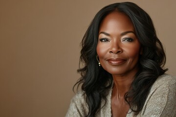 A woman with long hair and dark skin is smiling
