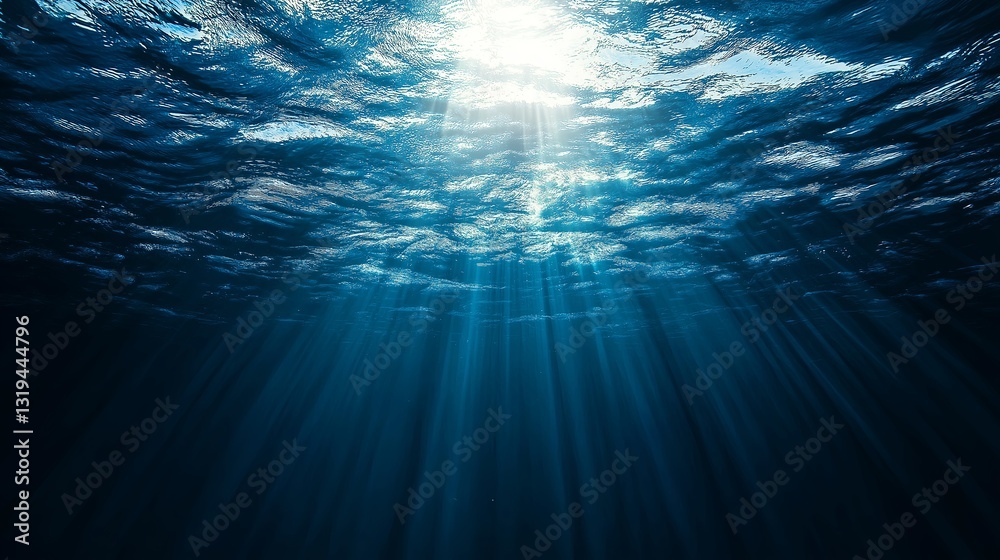 Poster a deep-sea perspective with light rays piercing through the water