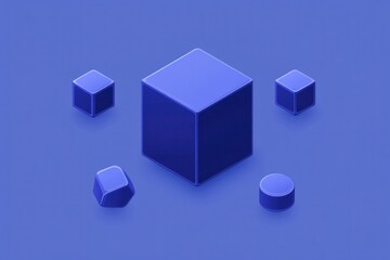 Obraz premium Blue 3D shapes, cubes, and cylinder on blue background.