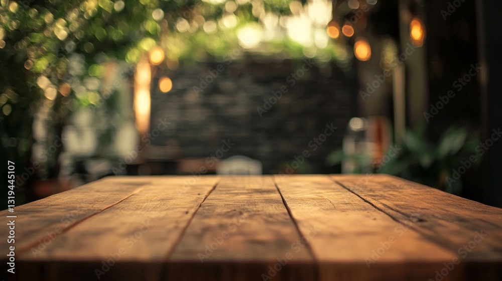 Poster bathed in soft evening light, a brown wooden table stands empty amidst lush greenery, evoking a sens