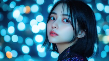 Enigmatic Gaze: A Woman's Portrait Against a Blue Bokeh Background