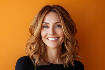 Fototapeta premium A woman with brown hair and a black shirt is smiling