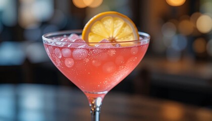 Cocktail, Refreshing cosmopolitan cocktail with ice and citrus garnish, Close-up picture of red cocktail with lemon on bar background