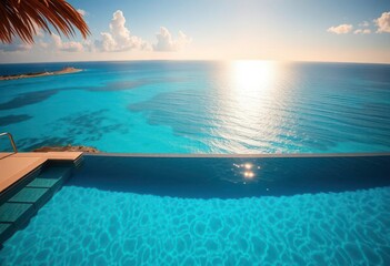 Obraz premium Infinity pool overlooking ocean, turquoise water, sun-drenched luxury, luxury pool, elegant