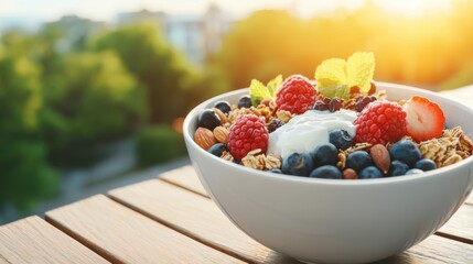 Nutrient-dense granola bowl with nuts and fruits rustic table setting golden hour light side view food photography for healthy eating