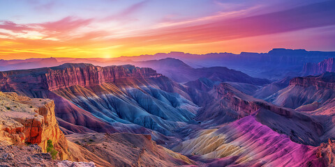 Vibrant Rainbow-Colored Canyon at Sunrise for Nature Photography, Scenic Travel, or Adventure Exploration