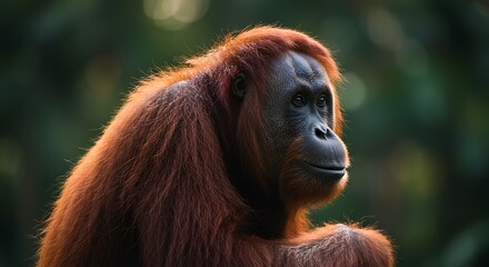 Fototapeta premium Orangutan portrait in golden light - wildlife curiosity - conservation awareness campaign.