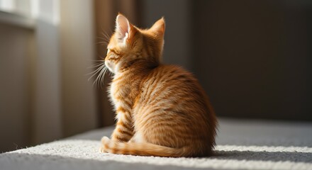 Ginger kitten gazes at sunlight - Innocence and wonder - Animal-themed greeting card or pet adoption campaign