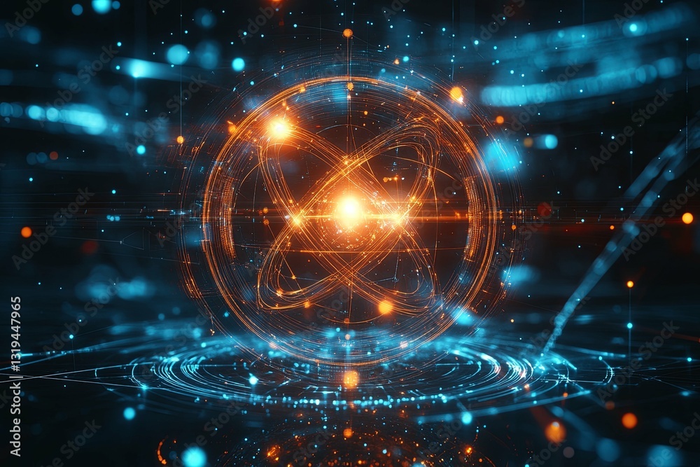 Wall mural an abstract image of a glowing atom and surrounding data