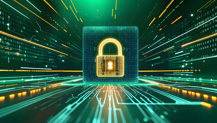 Cybersecurity Fortress: A glowing padlock icon symbolizes digital security, data protection, and network safety within a dynamic, futuristic digital landscape.