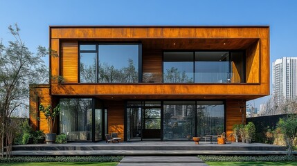 Fototapeta premium Modern two-story home with a warm brown wooden exterior and large windows. A spacious outdoor deck area is visible