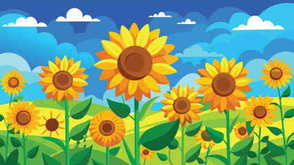 Vibrant Sunflowers Blooming in a Sunny Field under a Blue Sky Illustration