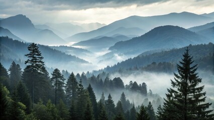Obraz premium Misty mountain landscape, dense evergreen forest, fog rolling through valleys