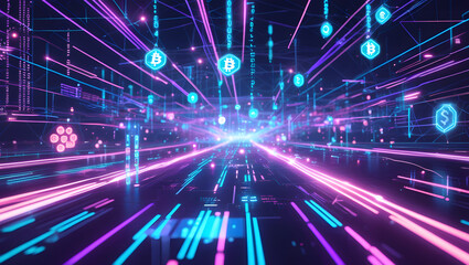 Digital Currency Highway: Neon lines converge, creating a vibrant and futuristic tunnel, adorned with floating cryptocurrency symbols representing the digital economy and innovation