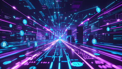Digital Realm: A dynamic visualization of digital technology, the image showcases interconnected networks, illuminated pathways, and cryptocurrency symbols that depict a modern digital landscape.