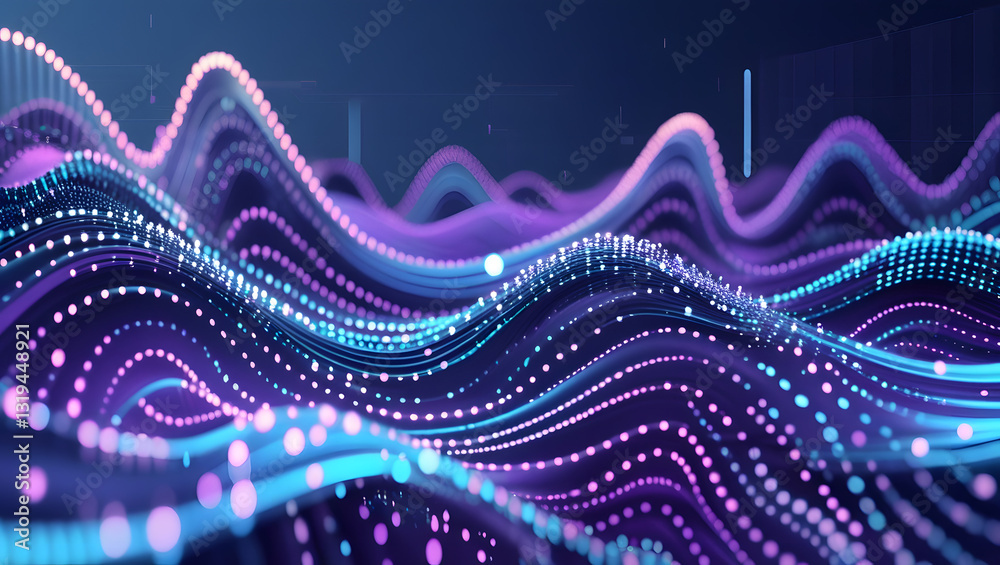 Poster digital data waves: a dynamic visualization of data streams in vibrant blue and purple hues, resembl