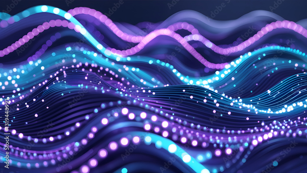 Poster illuminating waveforms: abstract digital rendering showcases fluid, undulating waveforms in vibrant 