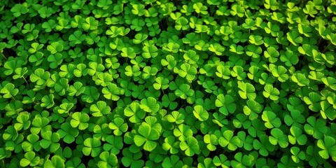 Obraz premium Lush green clover field, vibrant shamrocks, festive St Patrick's Day decorations, playful, field