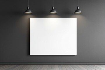 Empty white canvas on a dark wall under three illuminated hanging lamps, creating a modern and clean presentation backdrop for creative design concepts. Ai generative
