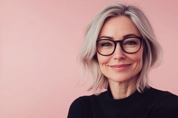 Obraz premium A woman with short hair and glasses is smiling