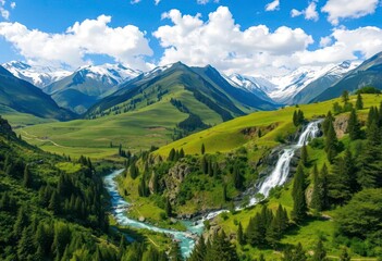 Naklejka premium Lush green valleys, snow-capped peaks, cascading waterfalls in Azad Kashmir, peace, shadow